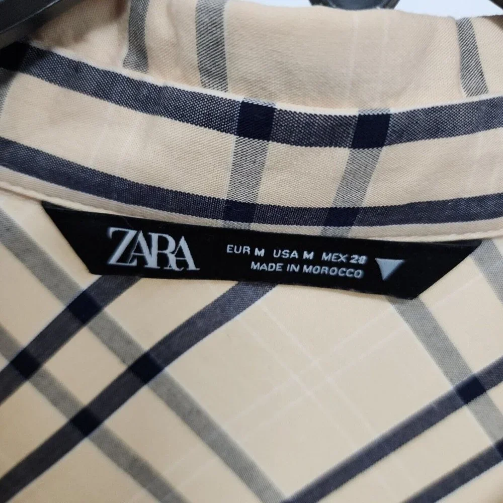 Zara Plaid Size Medium Tie Back Shirt Top Blouse Button Front Tan Gray womens - Picture 6 of 12